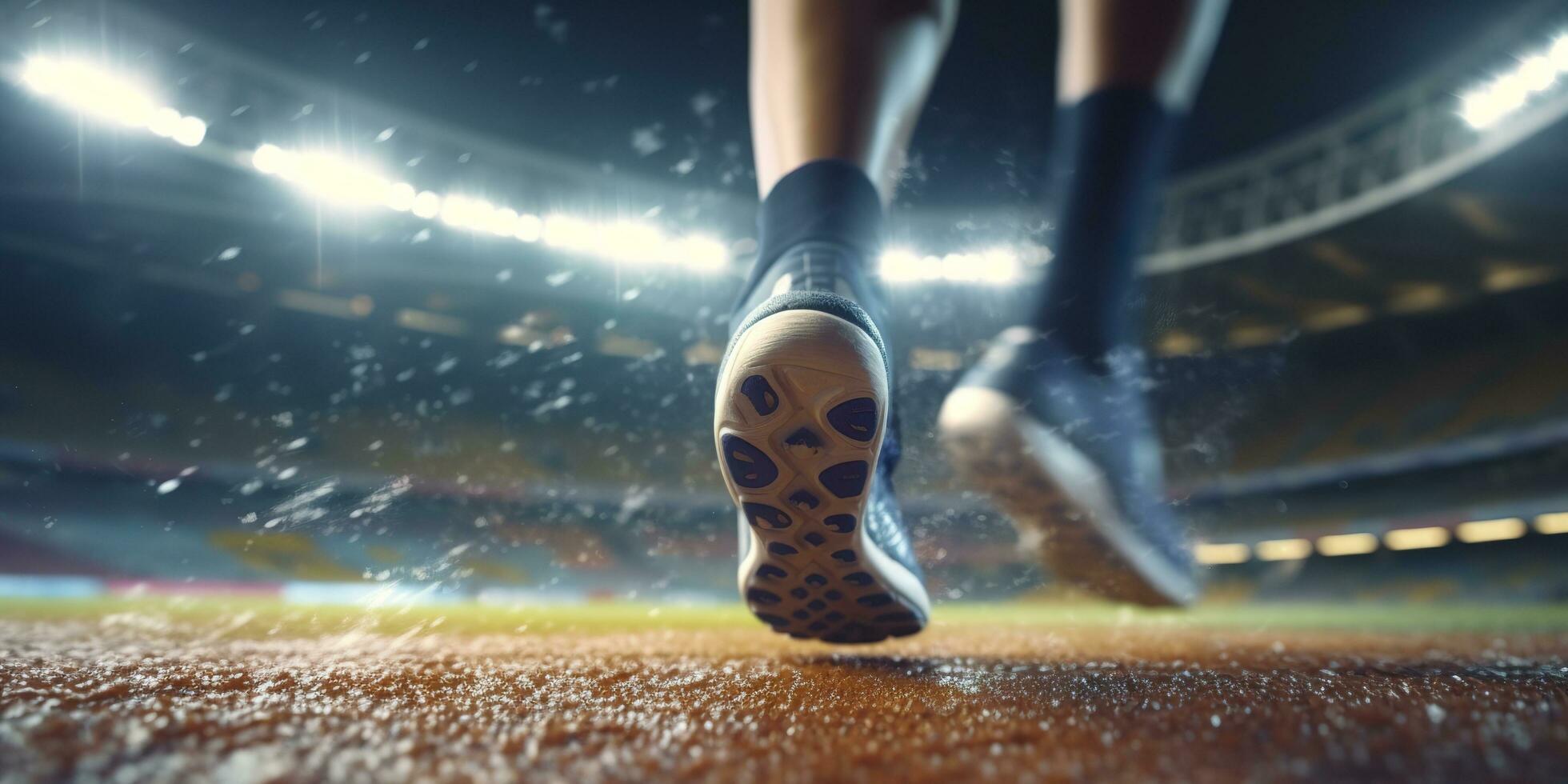 Runner feet running on a stadium, closeup on feet, sports background, space for copy, AI Generative photo