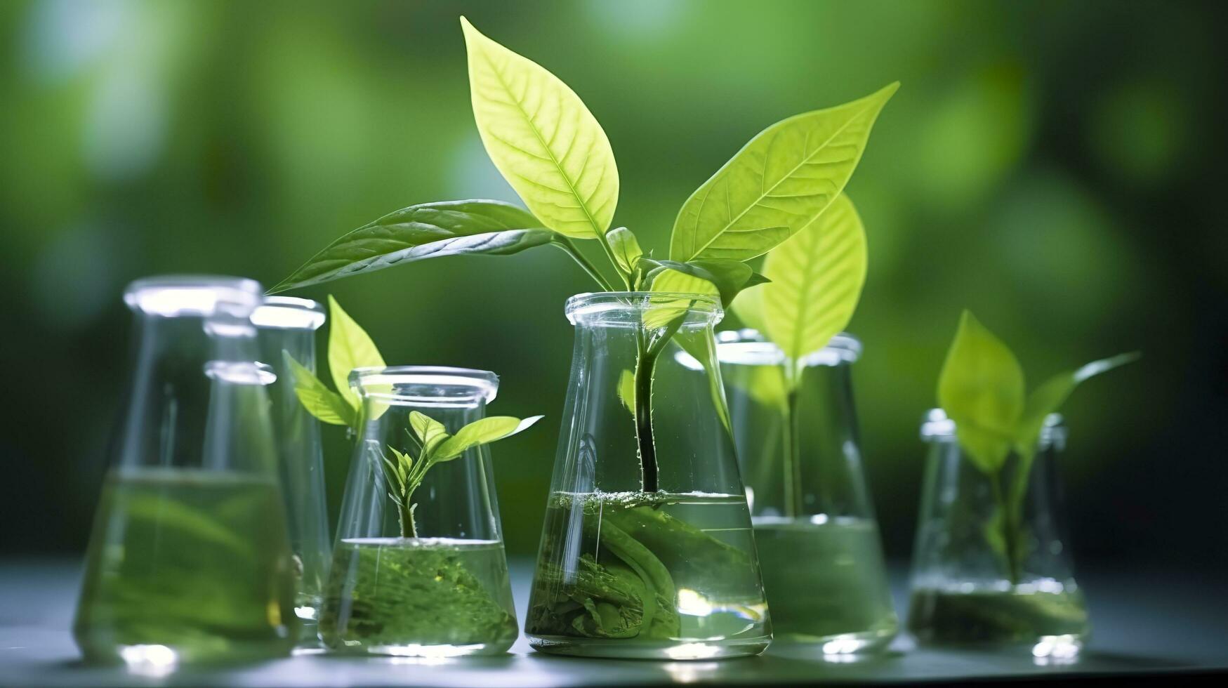 Biotechnology concept with green plant leaves, laboratory glassware, and conducting research, illustrating the powerful combination of nature and science in medical advancements.  AI Generative photo