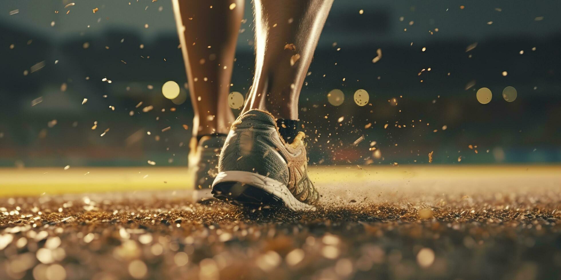 Runner feet running on a stadium, closeup on feet, sports background, space for copy, AI Generative photo