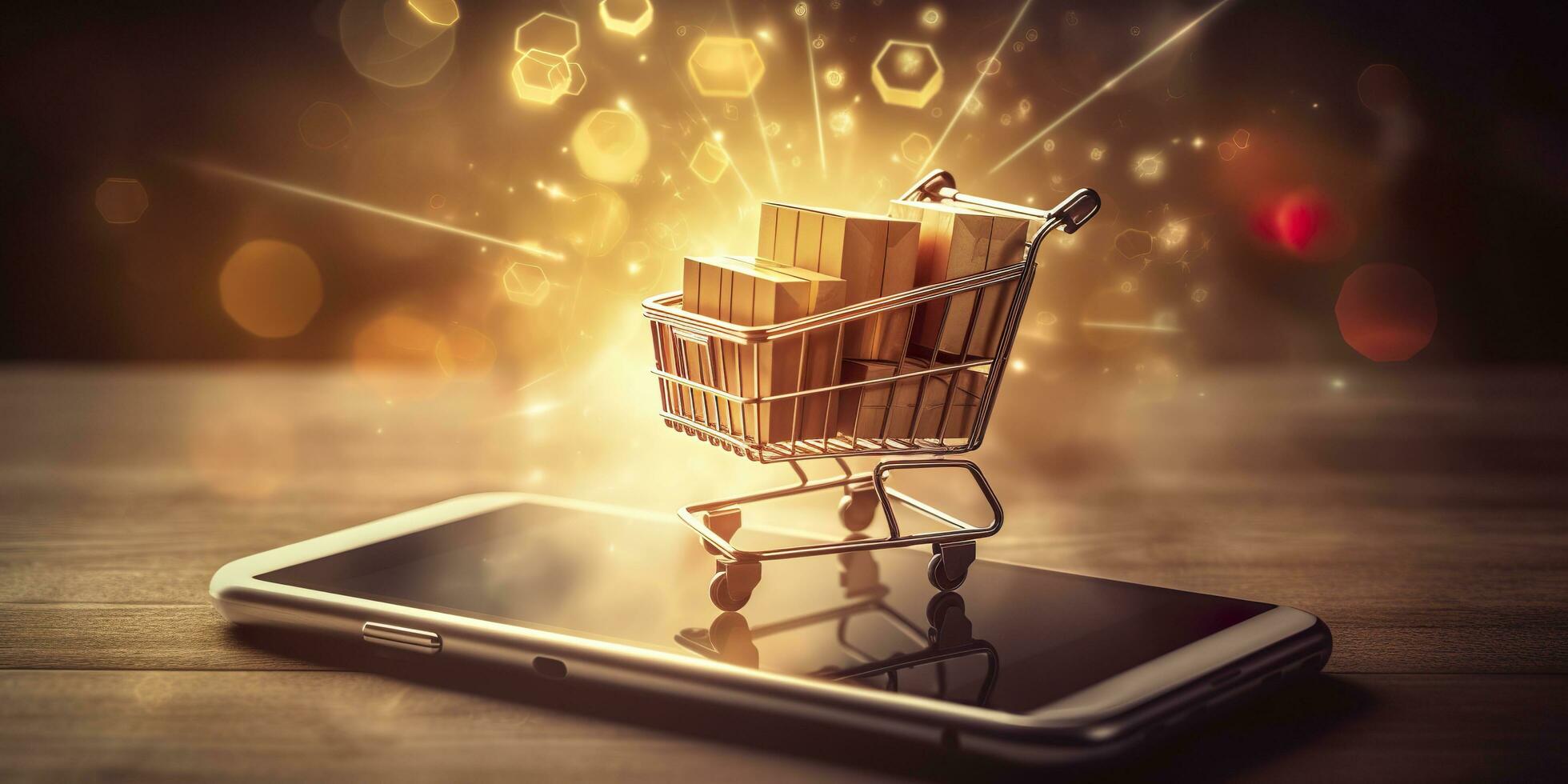 E-Commerce Shopping Cart with Multiple Products. A Sunlit Abstract Background. E-commerce concept. AI Generative photo