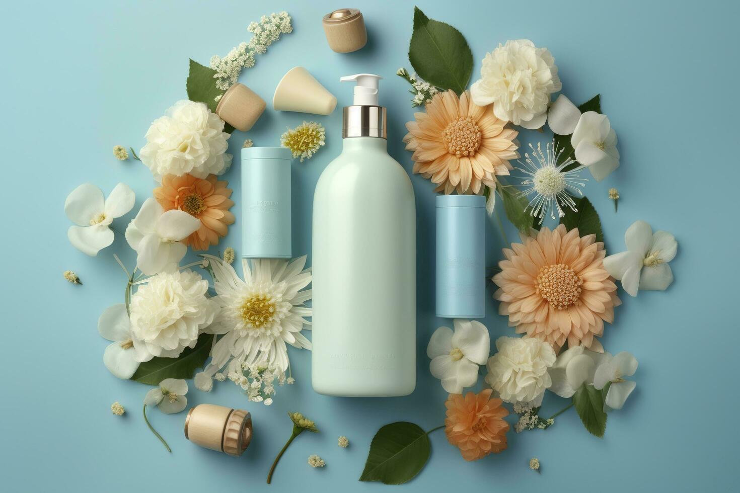 Fresh floral skincare concept. Top view flat lay of pump bottle, pipette, cream bottles, and tubes with flowers on pastel blue background with an empty circle for text or branding. AI Generative photo