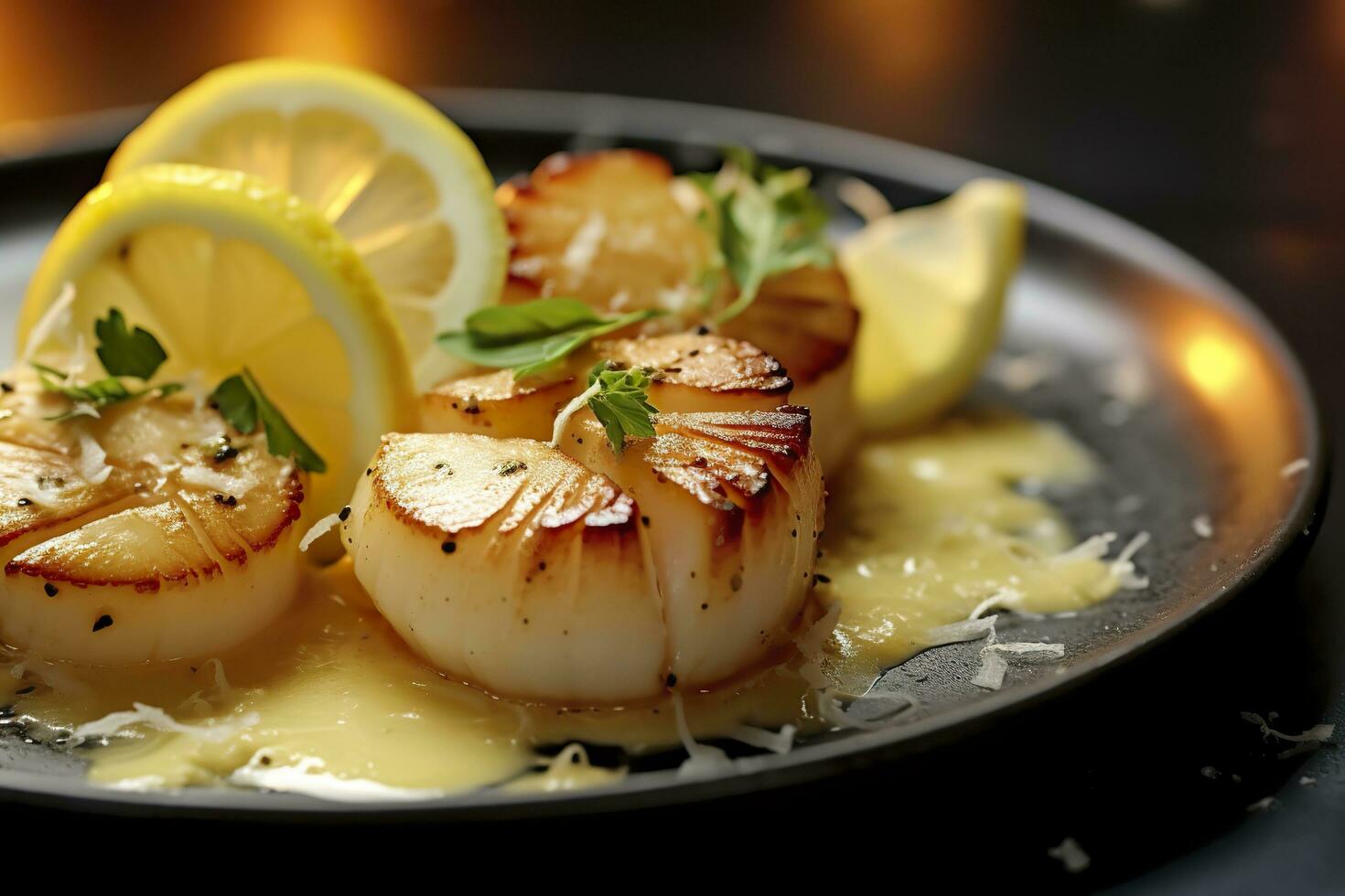 Closeup of pan seared diver scallops with lemon beurre blanc