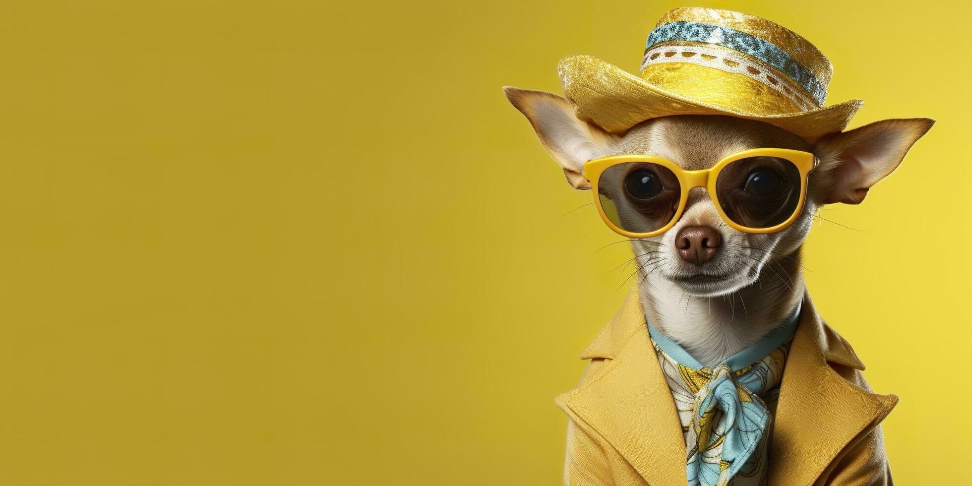 Cool looking Chihuahua dog wearing funky fashion dress. space for text right side. Generative AI photo