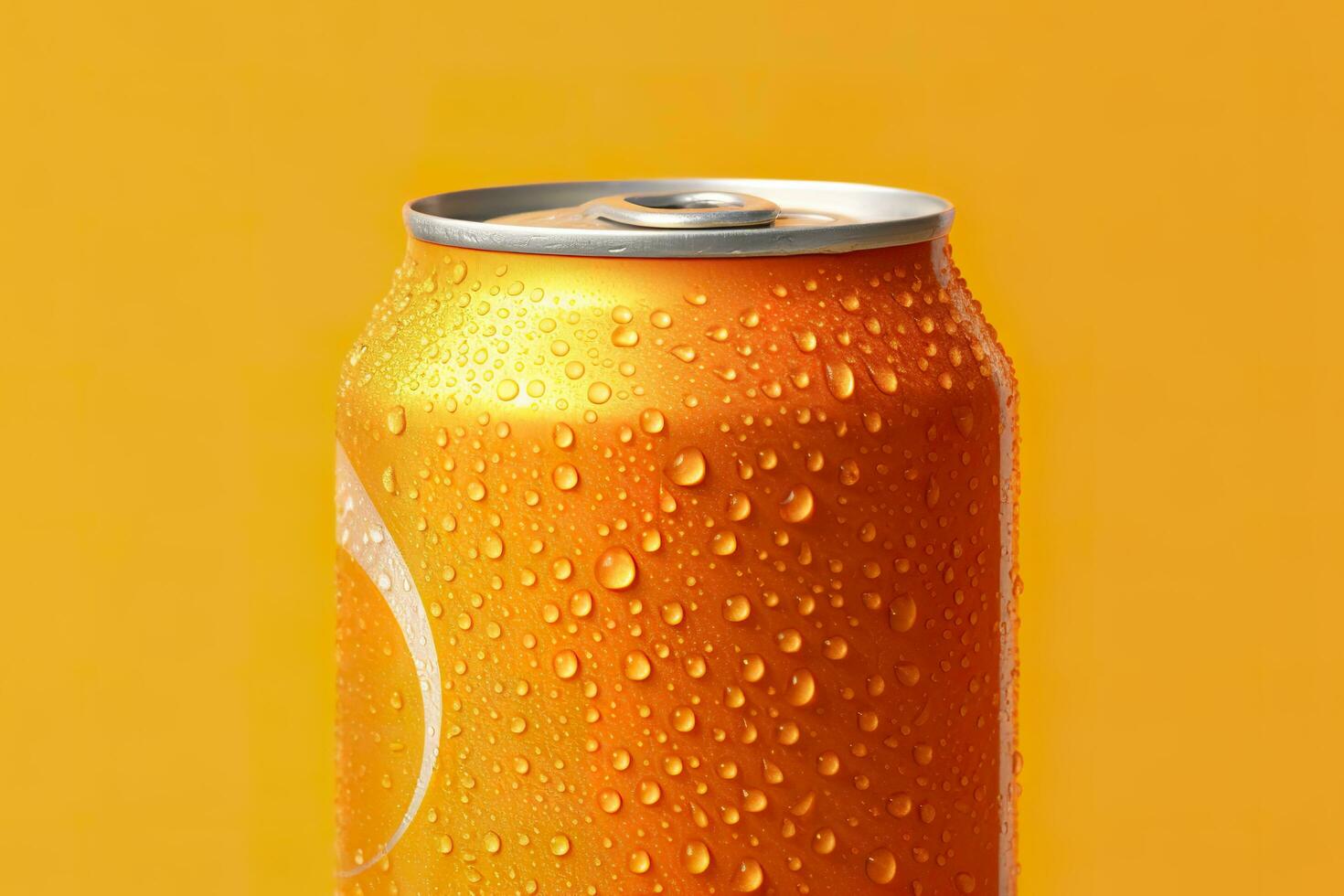 Can of fresh soda with water drops on orange background, closeup. Generative AI photo