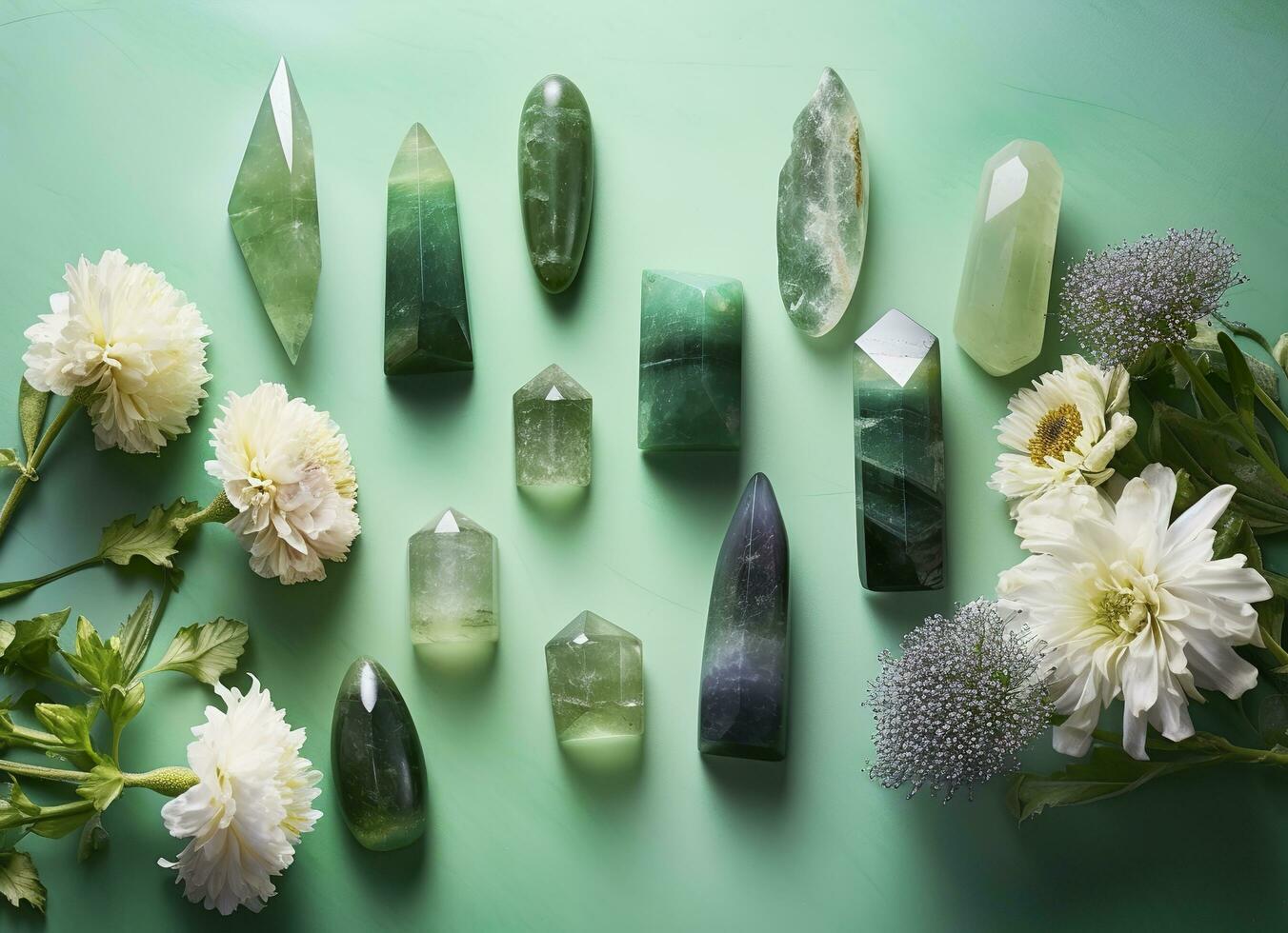 Crystal towers minerals set and white flowers on green abstract background. Generative AI photo