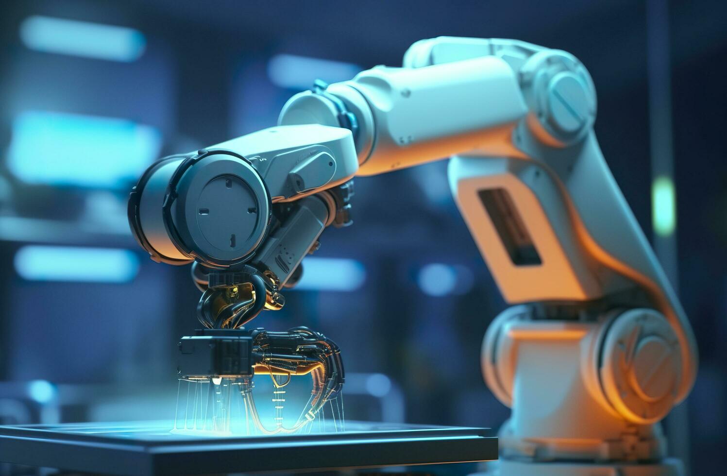 Arm robot working with Screen monitor control industrial machine robot arm line. Generative AI photo