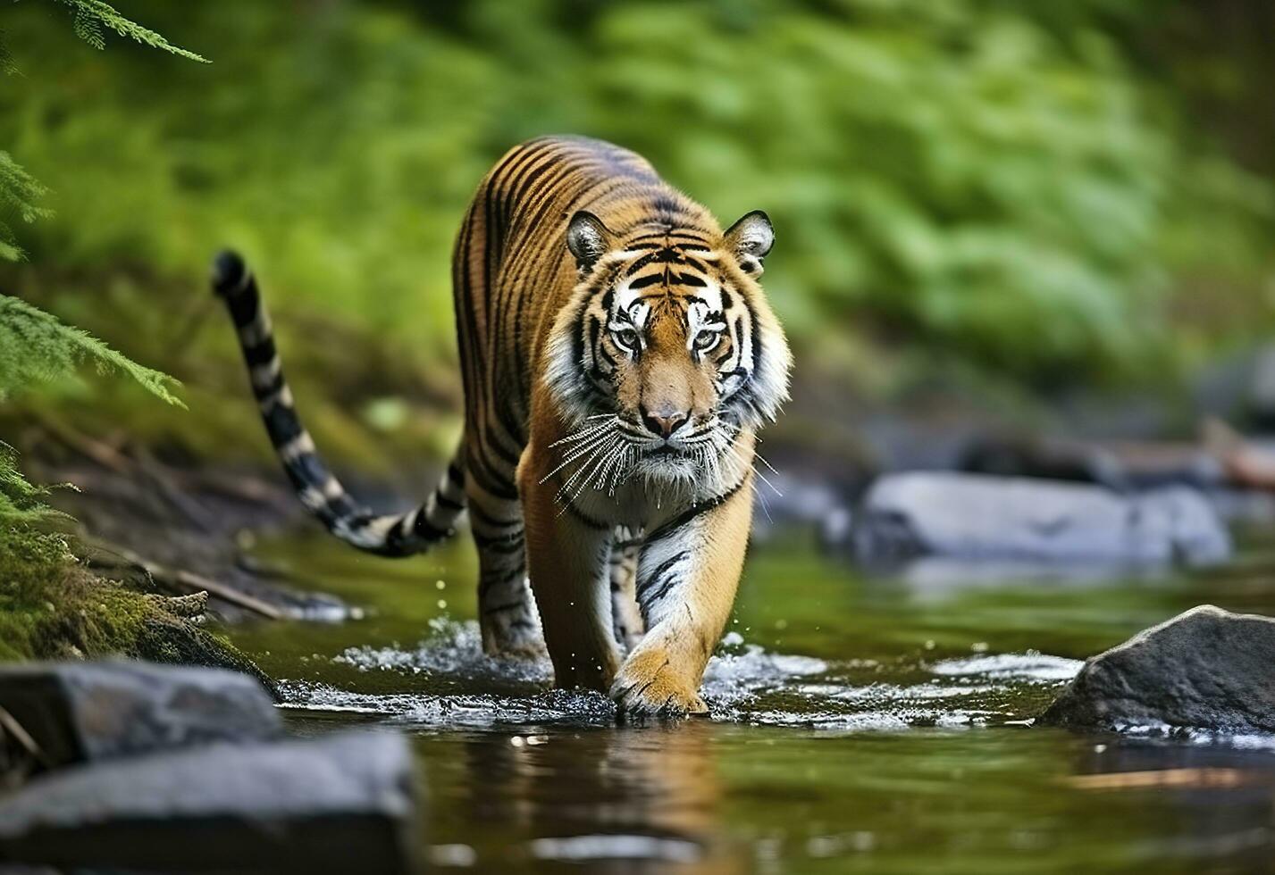 Amur tiger walking in the water. Dangerous animal.  Animal in a green forest stream. Generative AI photo