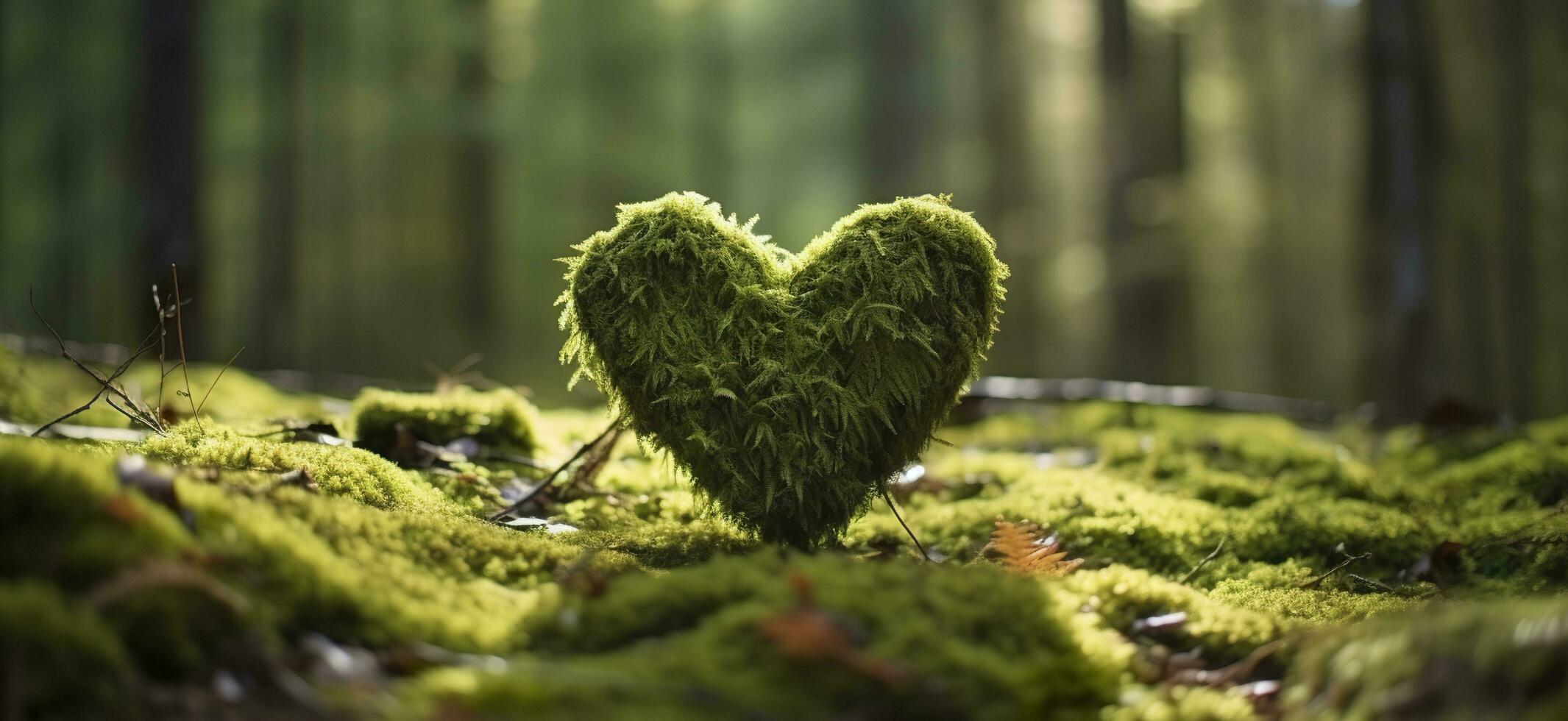 Closeup of wooden heart on moss. Natural burial grave in the woods. Generative AI photo
