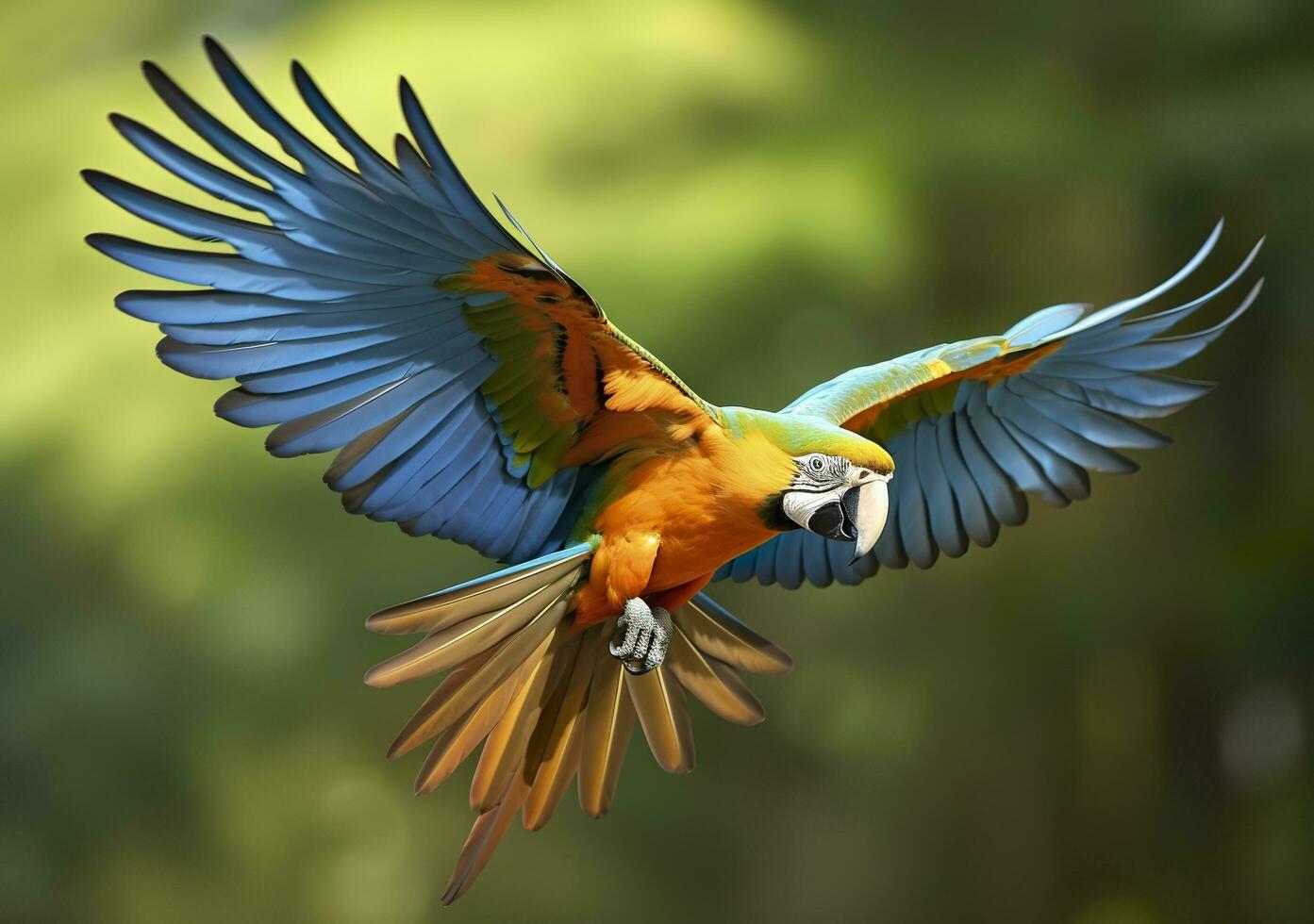 Flying macaw, beautiful bird. Generative AI photo