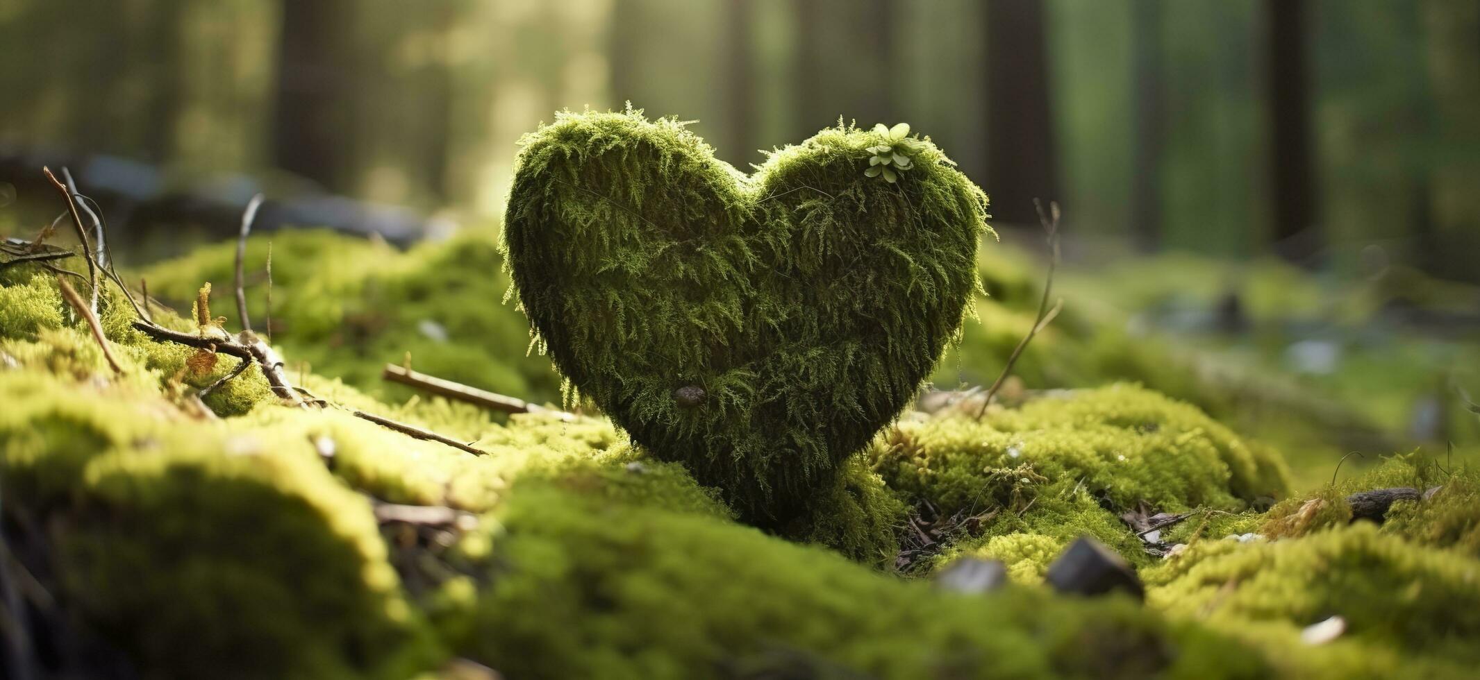 Closeup of wooden heart on moss. Natural burial grave in the woods. Generative AI photo