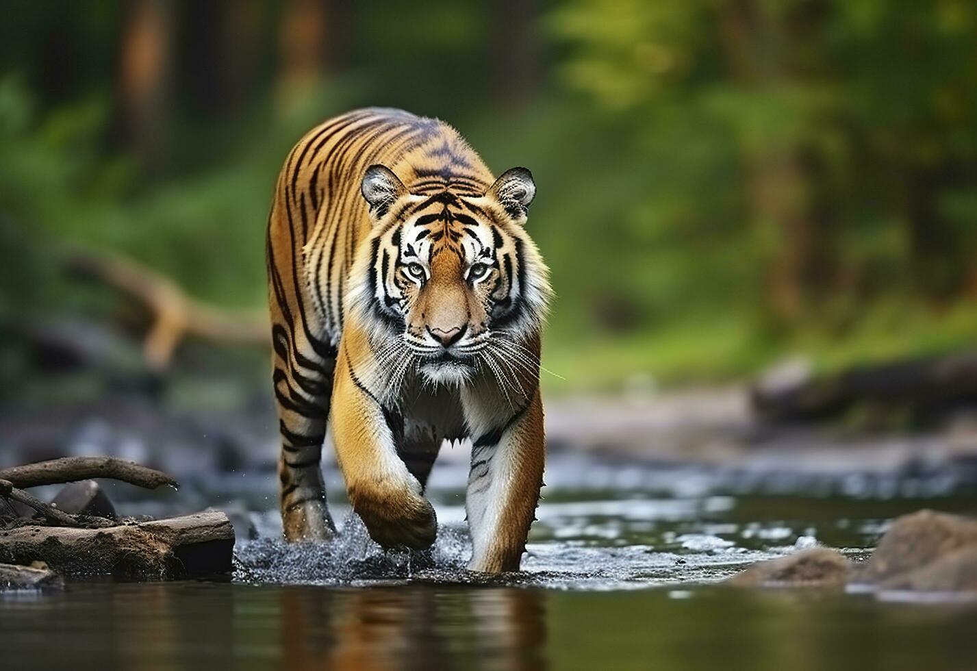 Amur tiger walking in the water. Dangerous animal.  Animal in a green forest stream. Generative AI photo