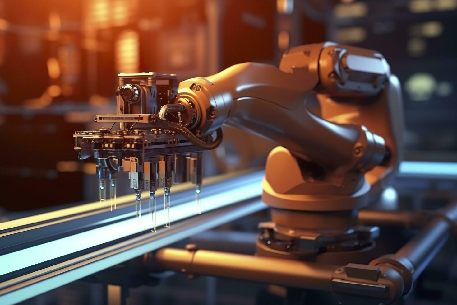 Arm robot working with Screen monitor control industrial machine robot arm line. Generative AI photo