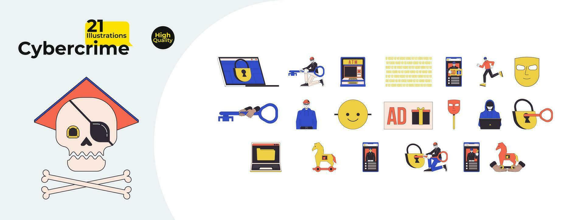 Cyber crime hackers line cartoon flat illustration bundle. Phone attack, computer thief 2D lineart characters, objects isolated on white background. Internet dangers vector color image collection