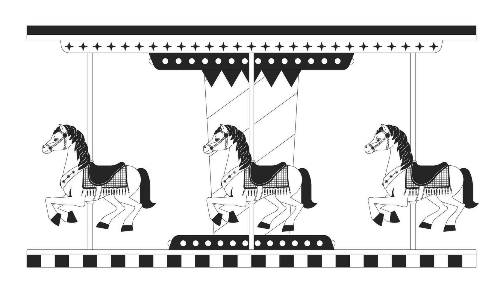 Kids carousel merry go round black and white 2D line cartoon object. Roundabout amusement park isolated vector outline item. Fairground horses ride for children monochromatic flat spot illustration