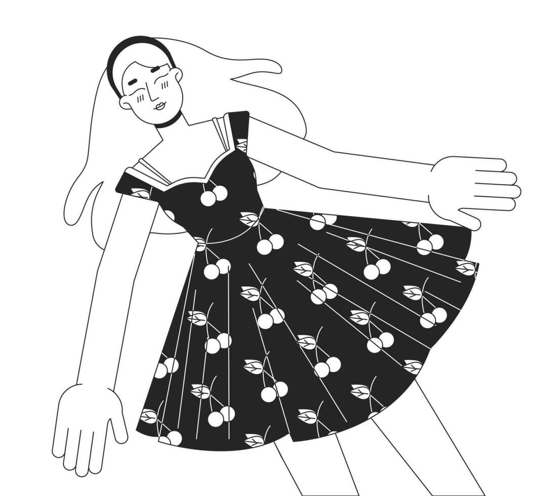Carefree caucasian woman closed eyes lying down black and white 2D line cartoon character. Delighted relaxing female isolated vector outline person. Girl in dress monochromatic flat spot illustration
