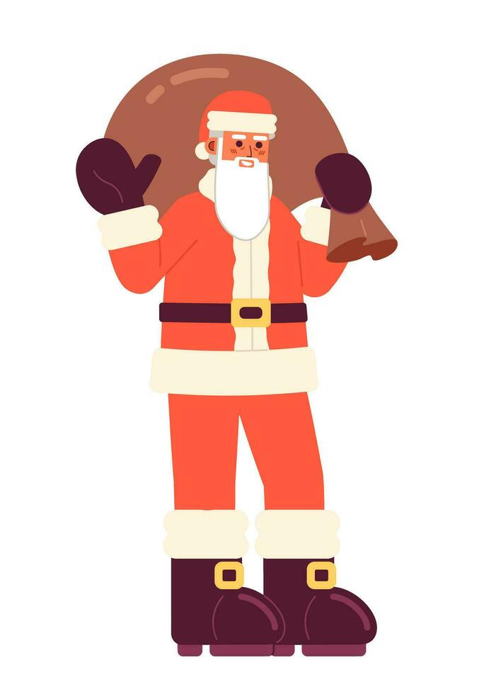 Gift bag Santa Claus waving hand cartoon flat illustration. Merry Christmas bearded old man 2D character isolated on white background. Traditional costume Saint Nicholas Xmas scene vector color image