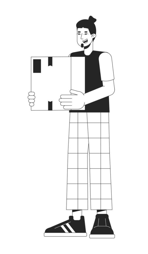 Caucasian man holding parcel cardboard box black and white 2D line cartoon character. European guy carrying package isolated vector outline person. Home delivery monochromatic flat spot illustration