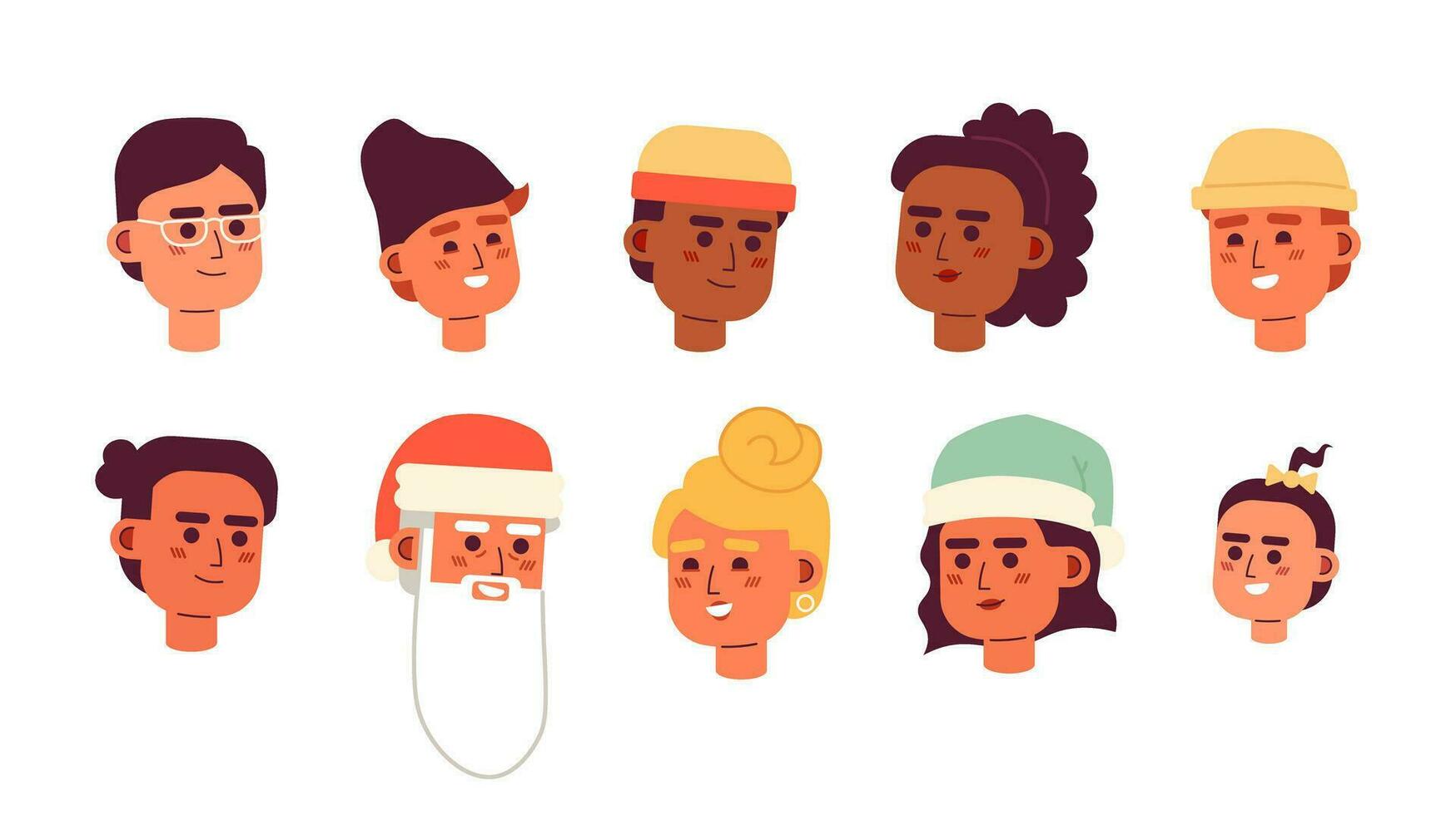 Christmas celebrating 2D vector avatar illustration bundle. Festive xmas men, women cartoon character faces portraits collection. Diversity flat color user profile images isolated on white background