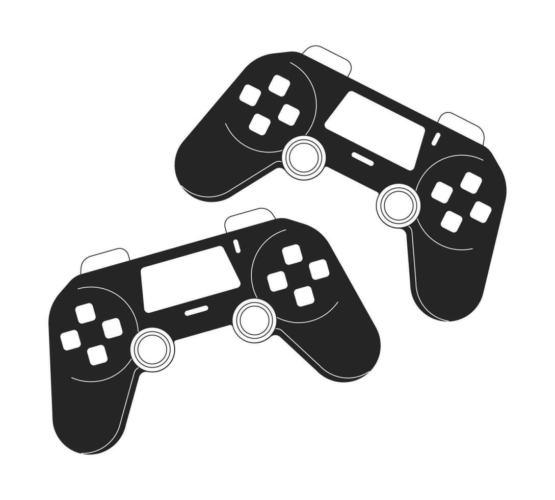 Joysticks two players black and white 2D line cartoon object. Playing together on gamepads isolated vector outline item. Competitive video gaming friends devices monochromatic flat spot illustration