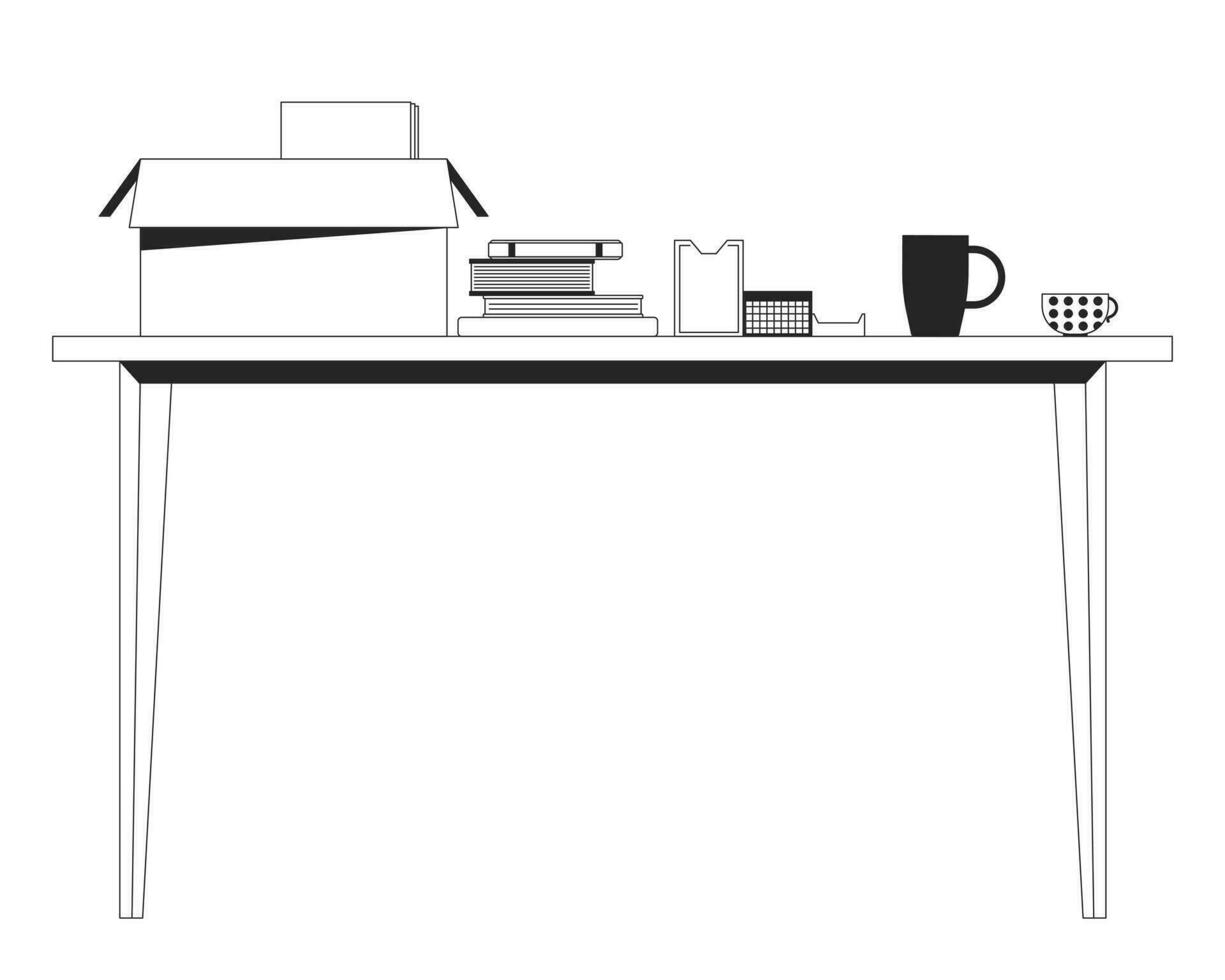 Personal belongings on table black and white 2D line cartoon object. Packing box with books, cups isolated vector outline item. Place of work. Moving out prepare monochromatic flat spot illustration