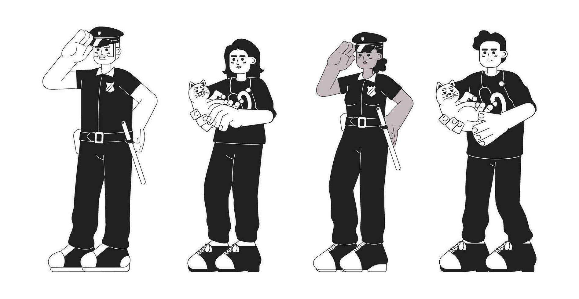 Veterinarian police officer black and white cartoon flat illustration set. Diverse cop, vet cat linear 2D characters isolated. Medic, policeman policewoman monochromatic scene vector image collection