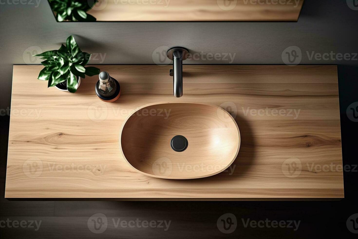 down view of a stylish wooden vanity counter top with a minimalist