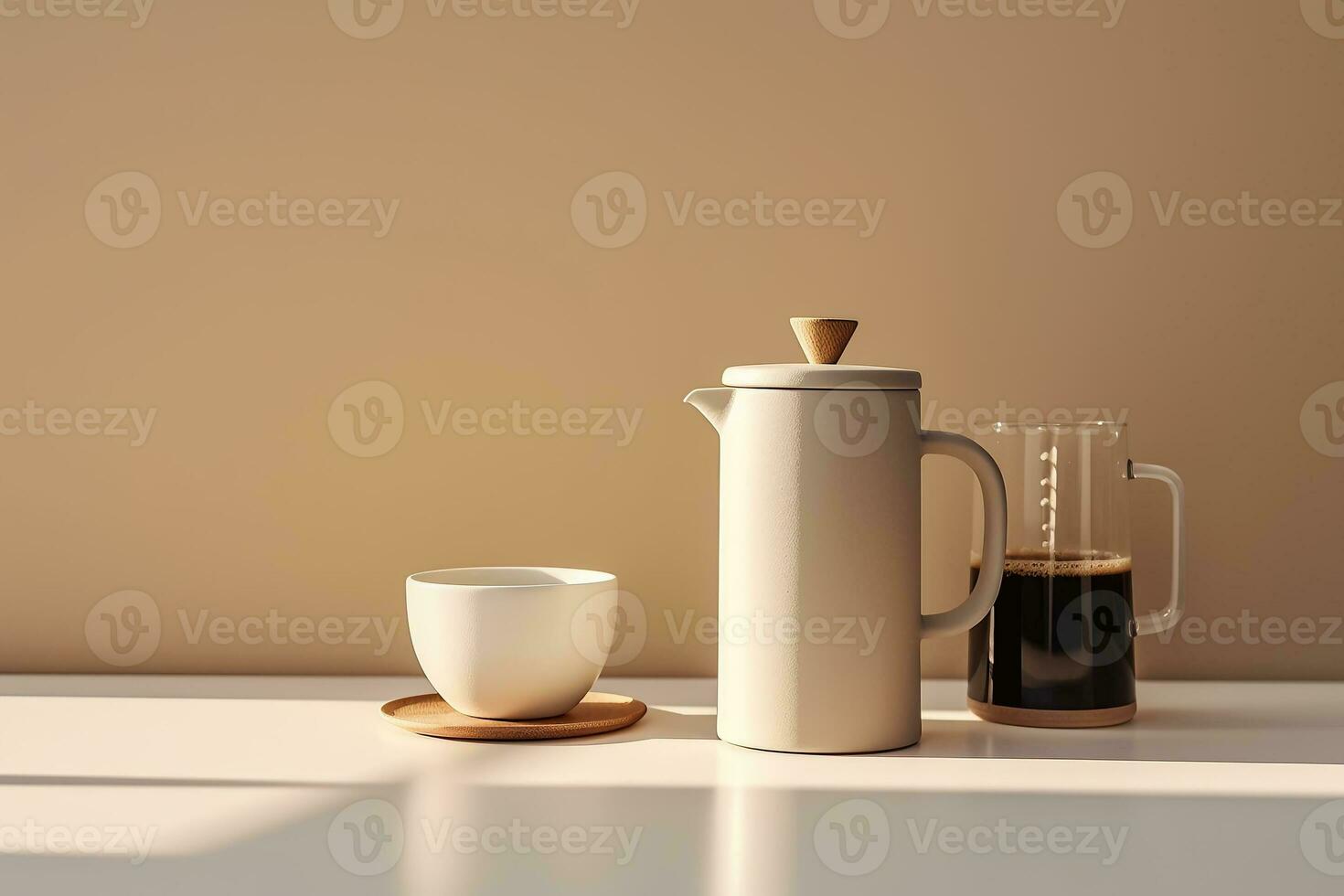 A minimalist scene featuring a ceramic coffee mug and a French press, with the focus on the brewing process Generative AI photo