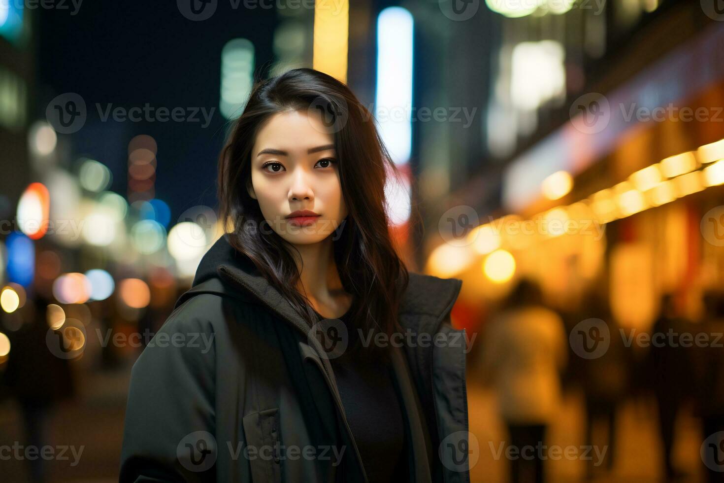 Asian girl with fashionable outfit posing in bustling city Generative AI photo