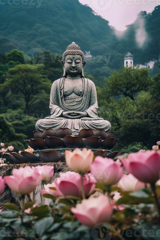 Buddha statue in the mountains, with lotus flowers, natural lighting, natural environment. Generative AI photo