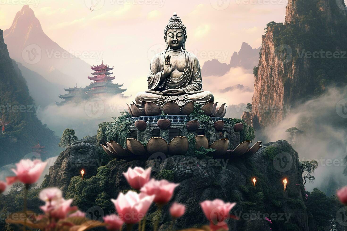 Buddha statue in the mountains, with lotus flowers, natural lighting, natural environment. Generative AI photo