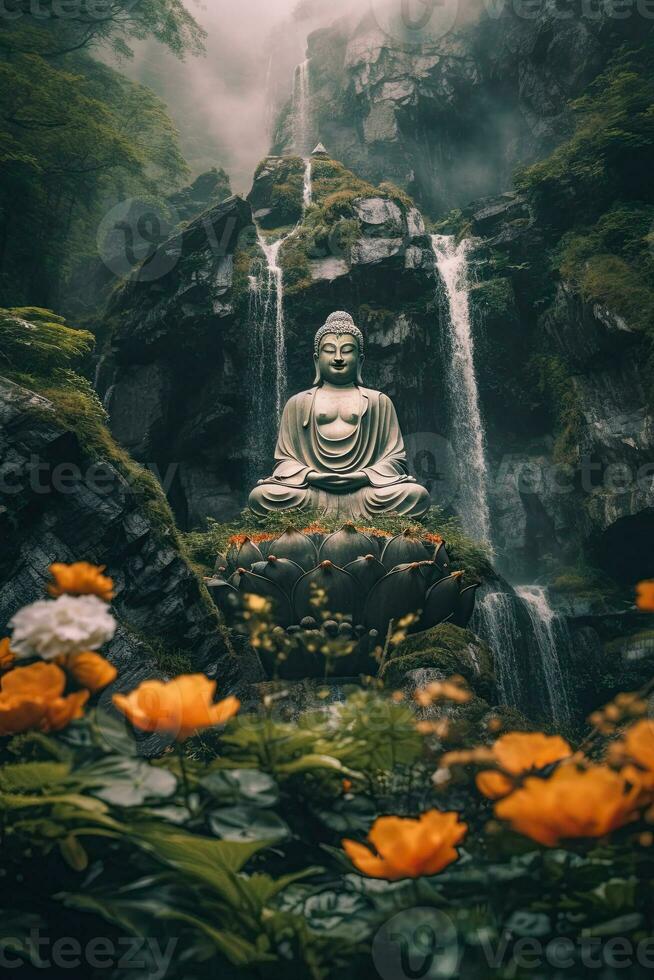 Buddha statue in the mountains, with lotus flowers, natural lighting, natural environment. Generative AI photo