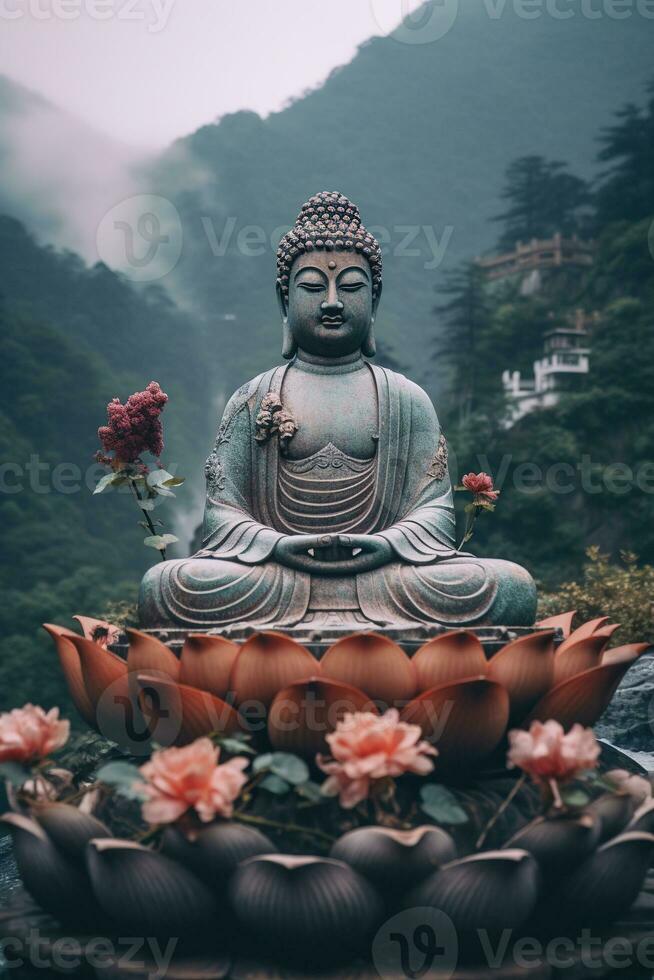 Buddha statue in the mountains, with lotus flowers, natural lighting, natural environment. Generative AI photo