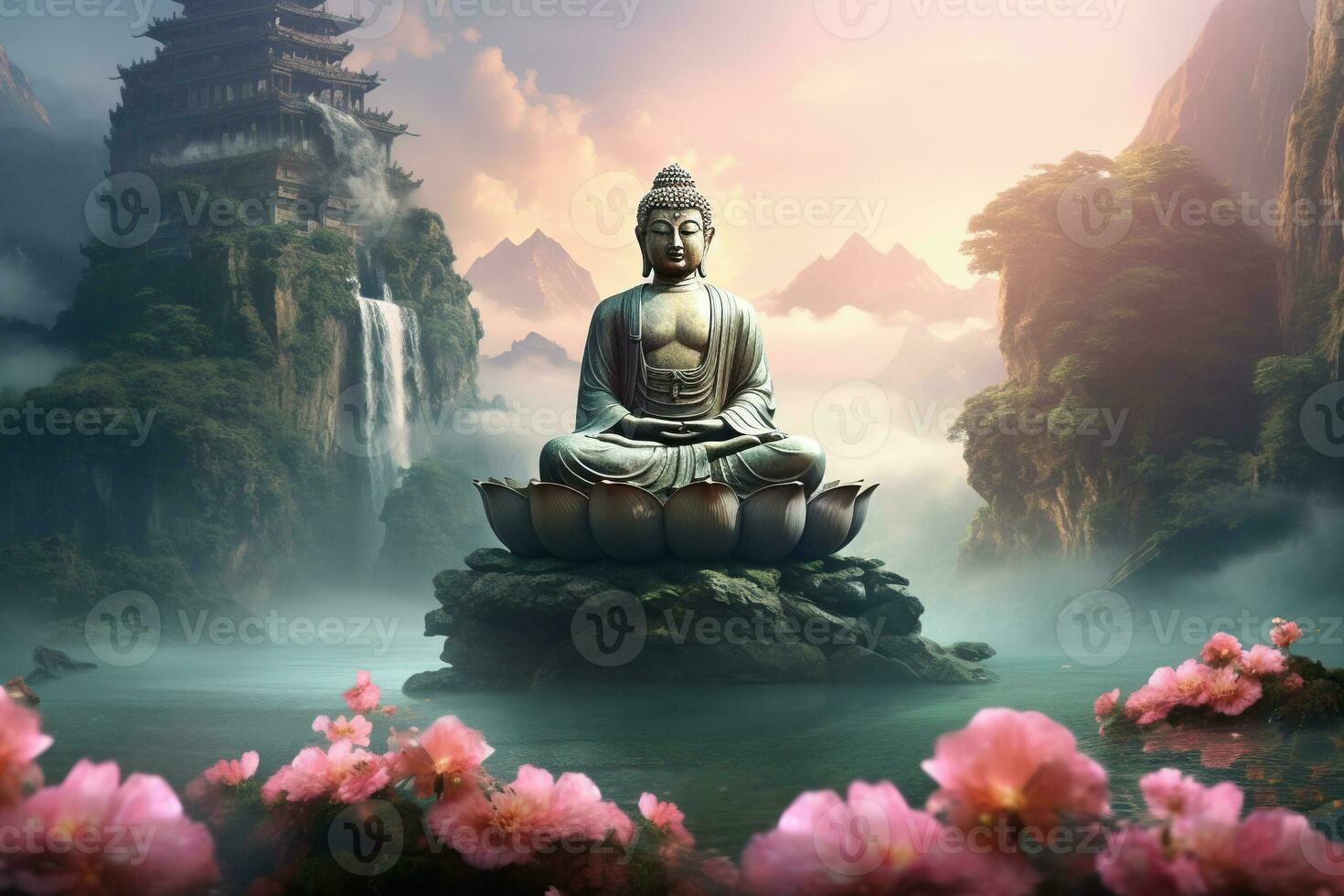 Buddha statue in the mountains, with lotus flowers, natural lighting, natural environment. Generative AI photo