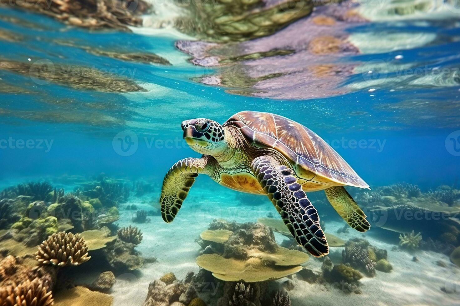 a sea turtle in crystal clear water. Amazing crystalline seabed. Reef full of life. Generative AI photo