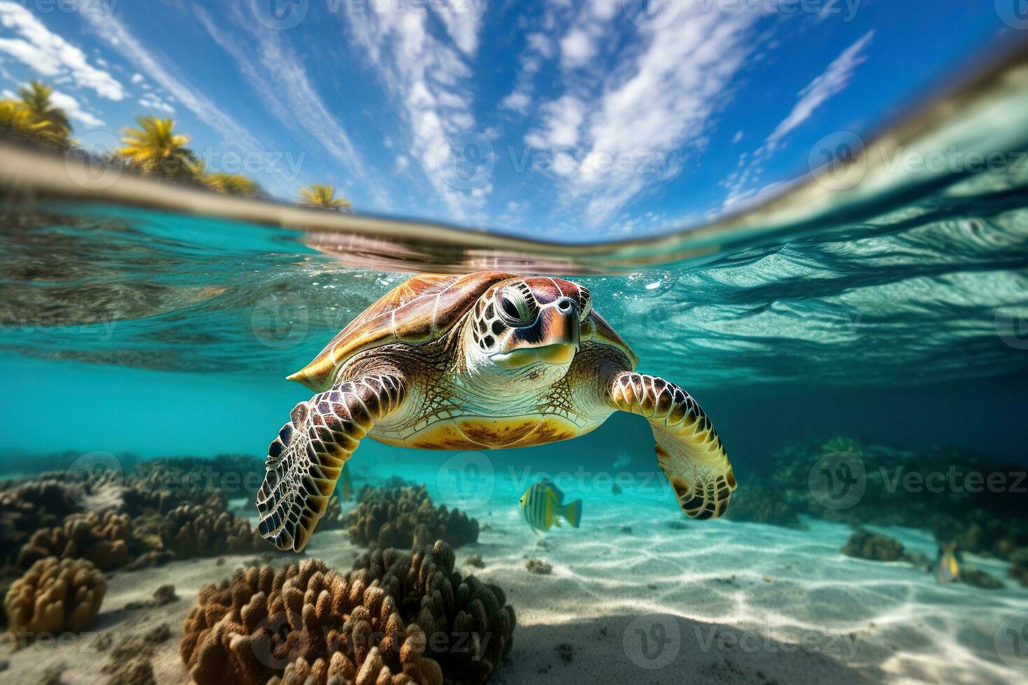 a sea turtle in crystal clear water. Amazing crystalline seabed. Reef full of life. Generative AI photo