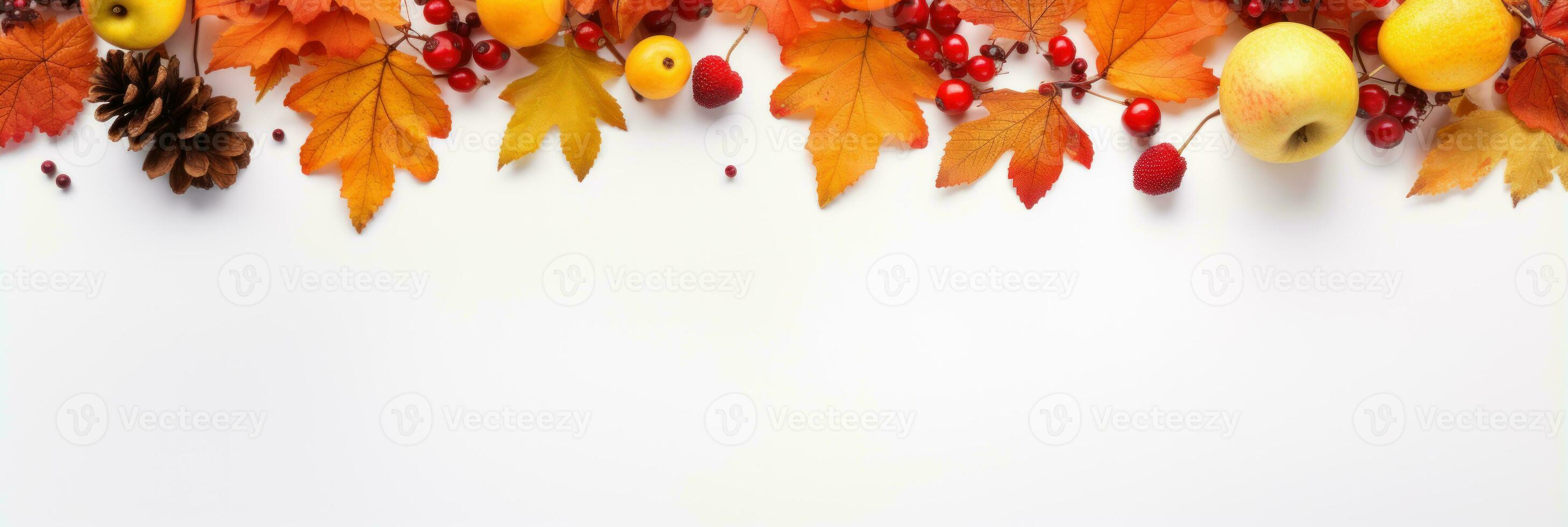 Autumn leaves and autumn fruits on white background AI Generated photo