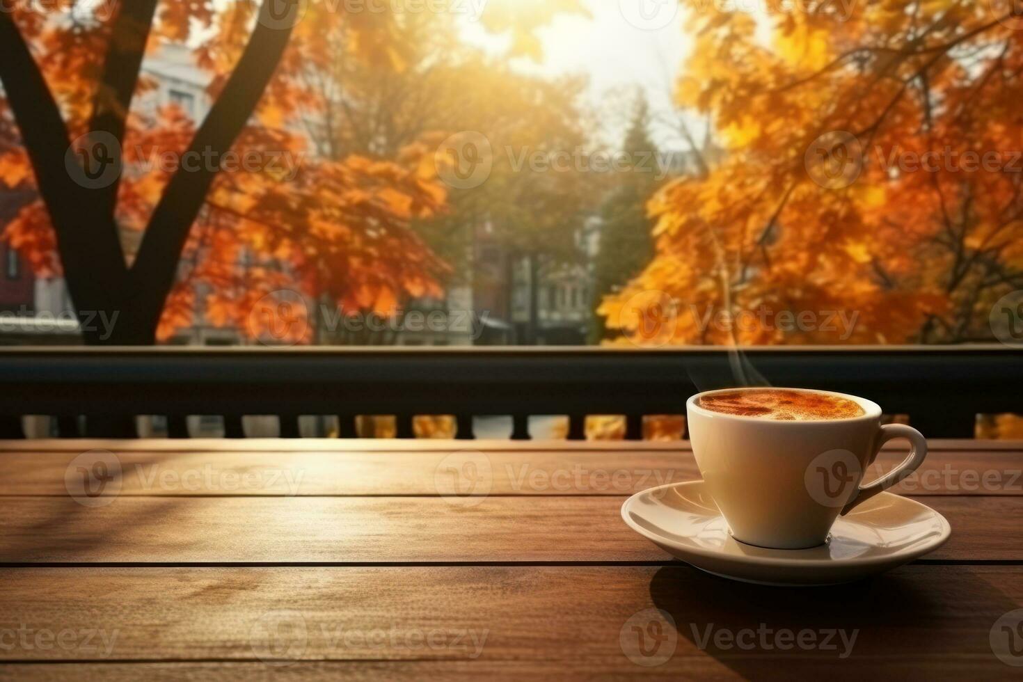 un taza de café en de madera café mesa calle ver con otoño otoño arboles ai generado foto