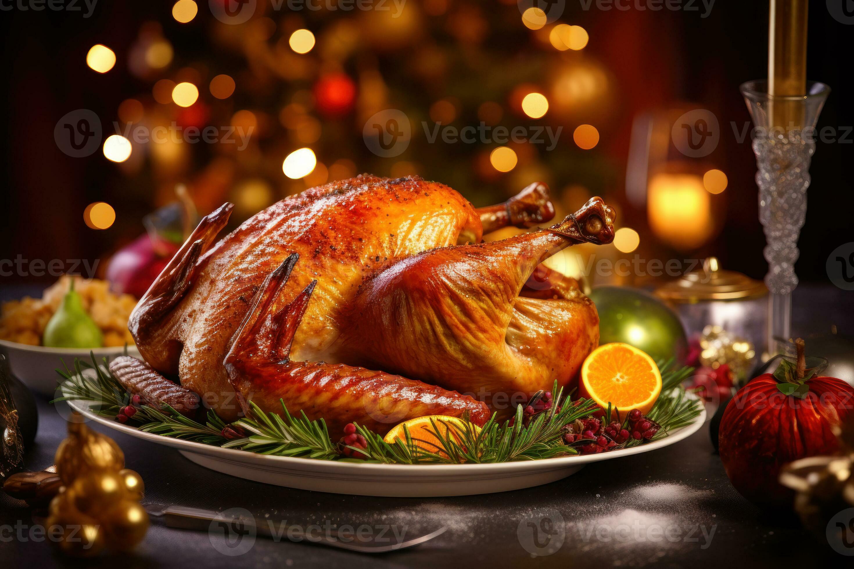 Thanksgiving Turkey against a festive Christmas bokeh background AI
