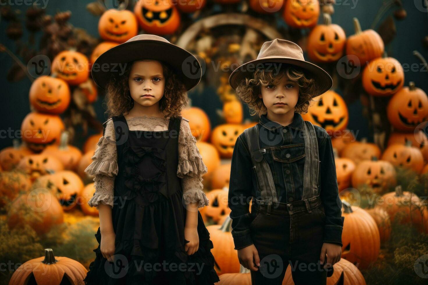 un niña y chico en un Víspera de Todos los Santos disfraz estar junto a calabazas ai generado foto