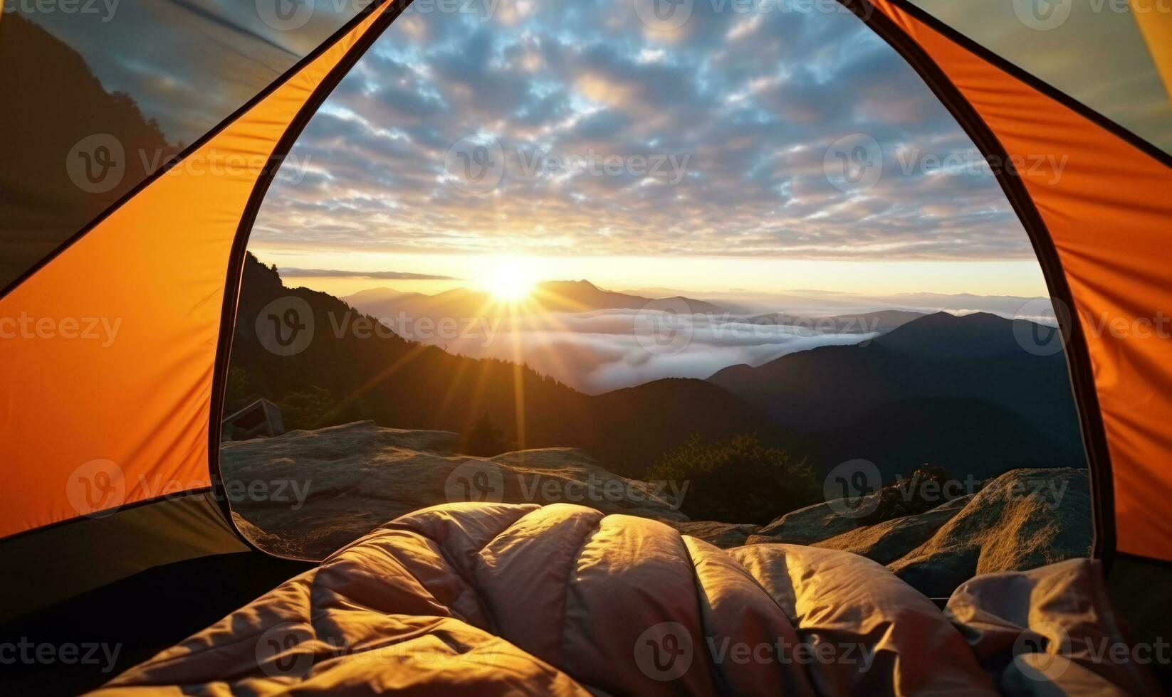 Beautiful view of serene mountain landscape from inside a tent AI Generated photo