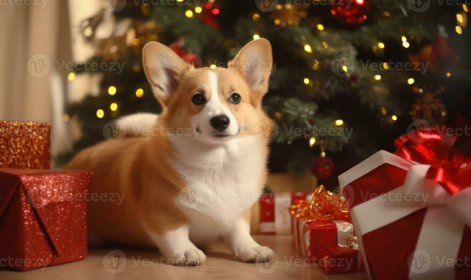 Adorable happy corgi dog with gifts and presents under Christmas tree AI Generated photo