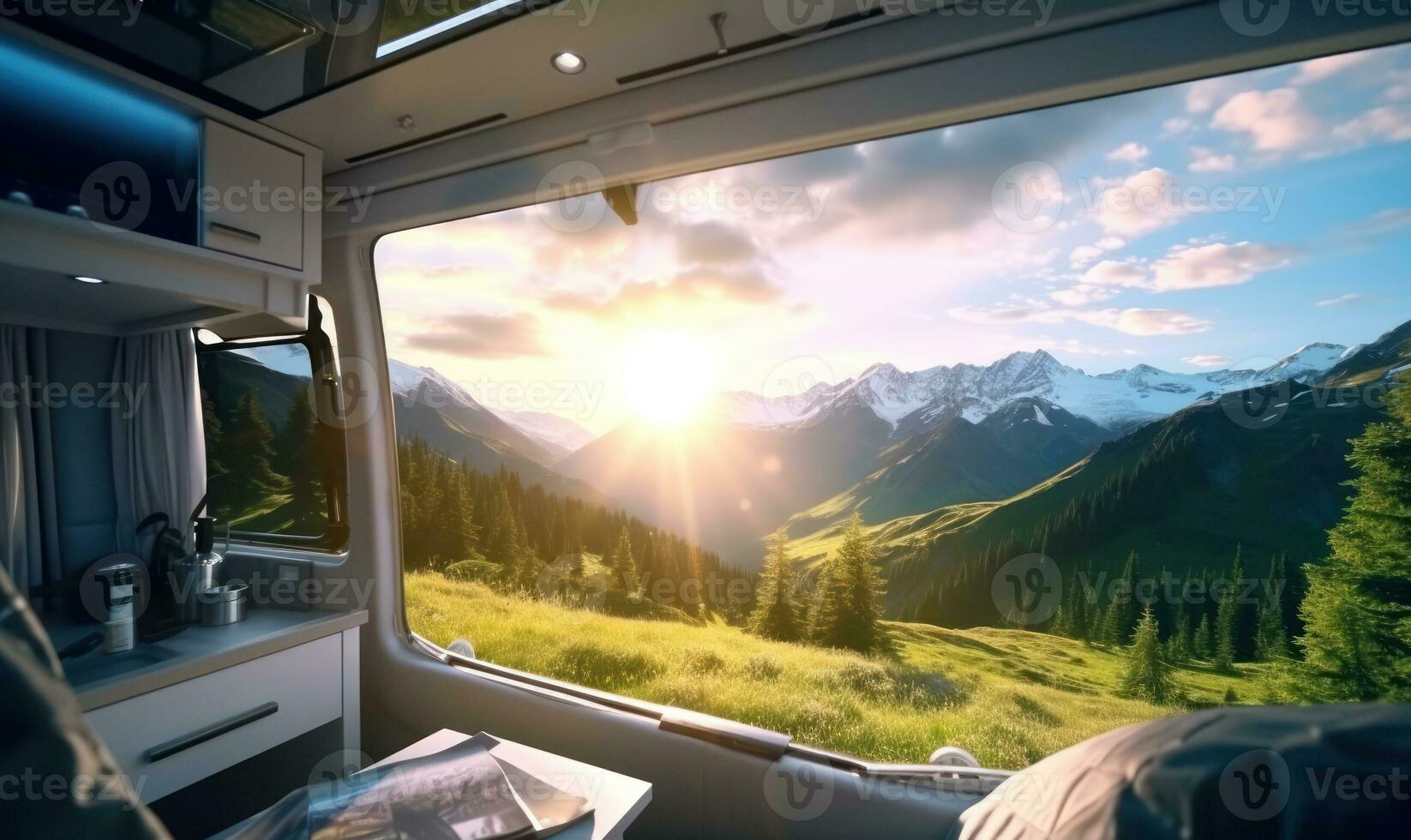 Beautiful view of serene mountain landscape from inside a camper truck AI Generated photo