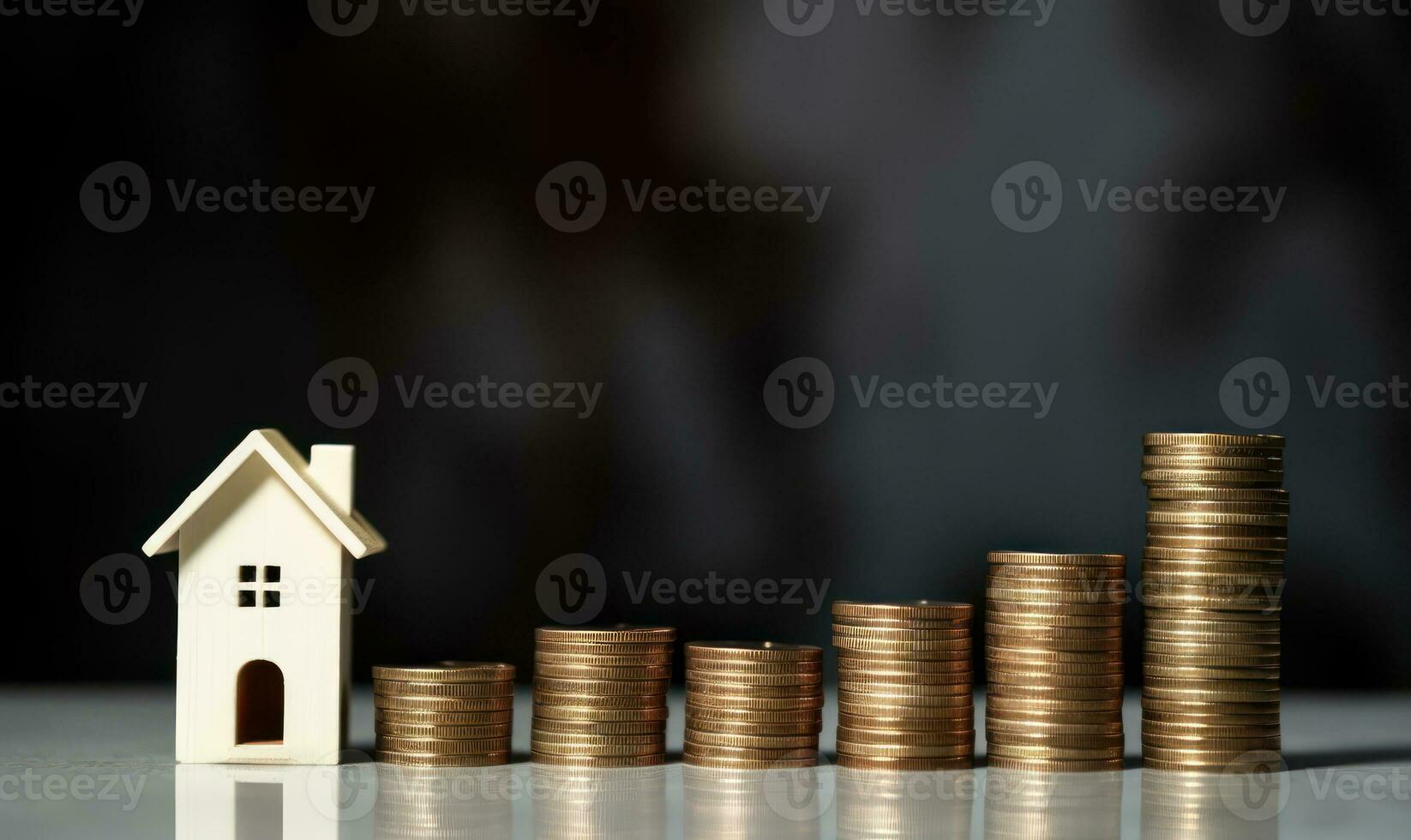 stack of coins increasing in height beside a miniature house model AI Generated photo