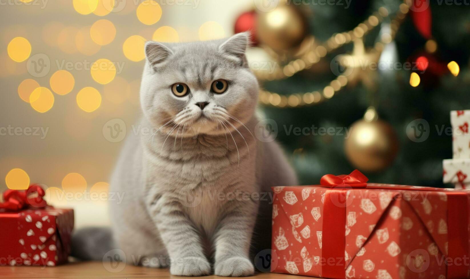 Adorable scottish fold cat with gifts and presents under Christmas tree AI Generated photo