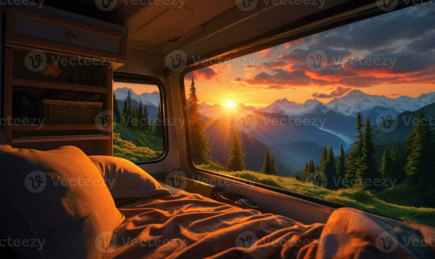 Beautiful view of serene mountain landscape from inside a camper truck AI Generated photo