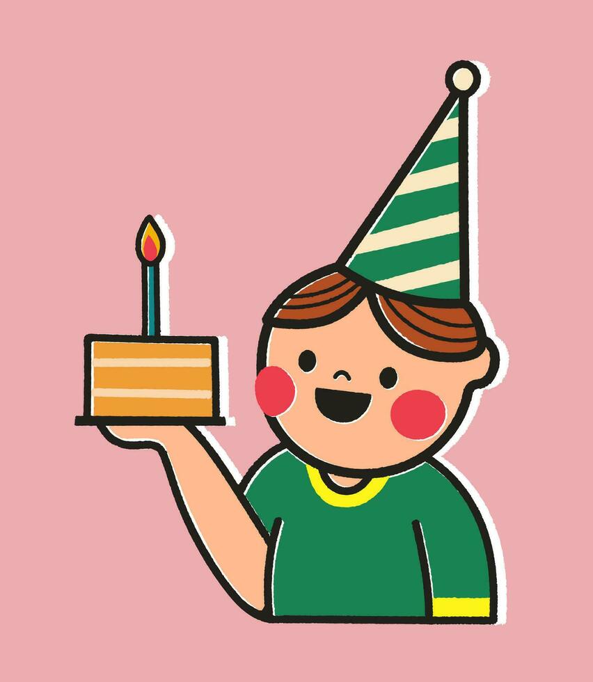 Birthday card with cartoon boy holding a cake illustration on pink background. Sticker style greeting card in retro style. Cute postcard for child or design for your brand. vector