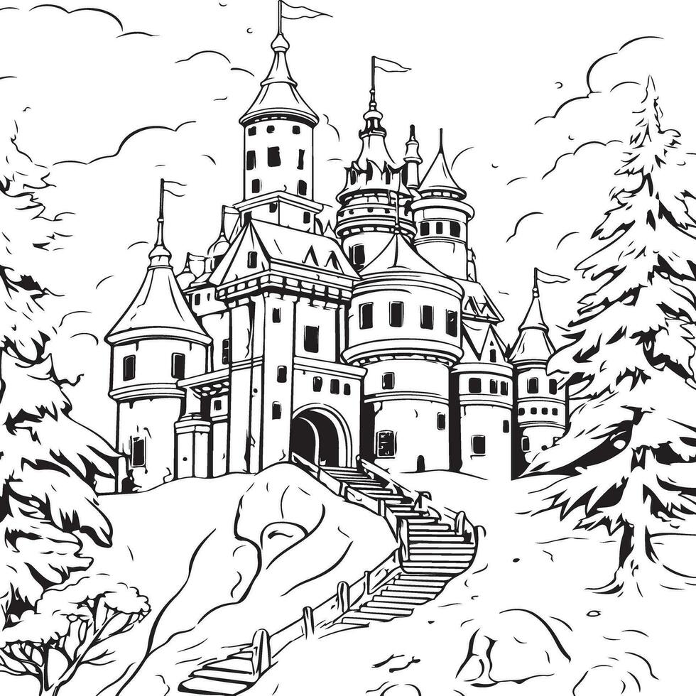 un grandioso Nevado castillo en un invierno vector
