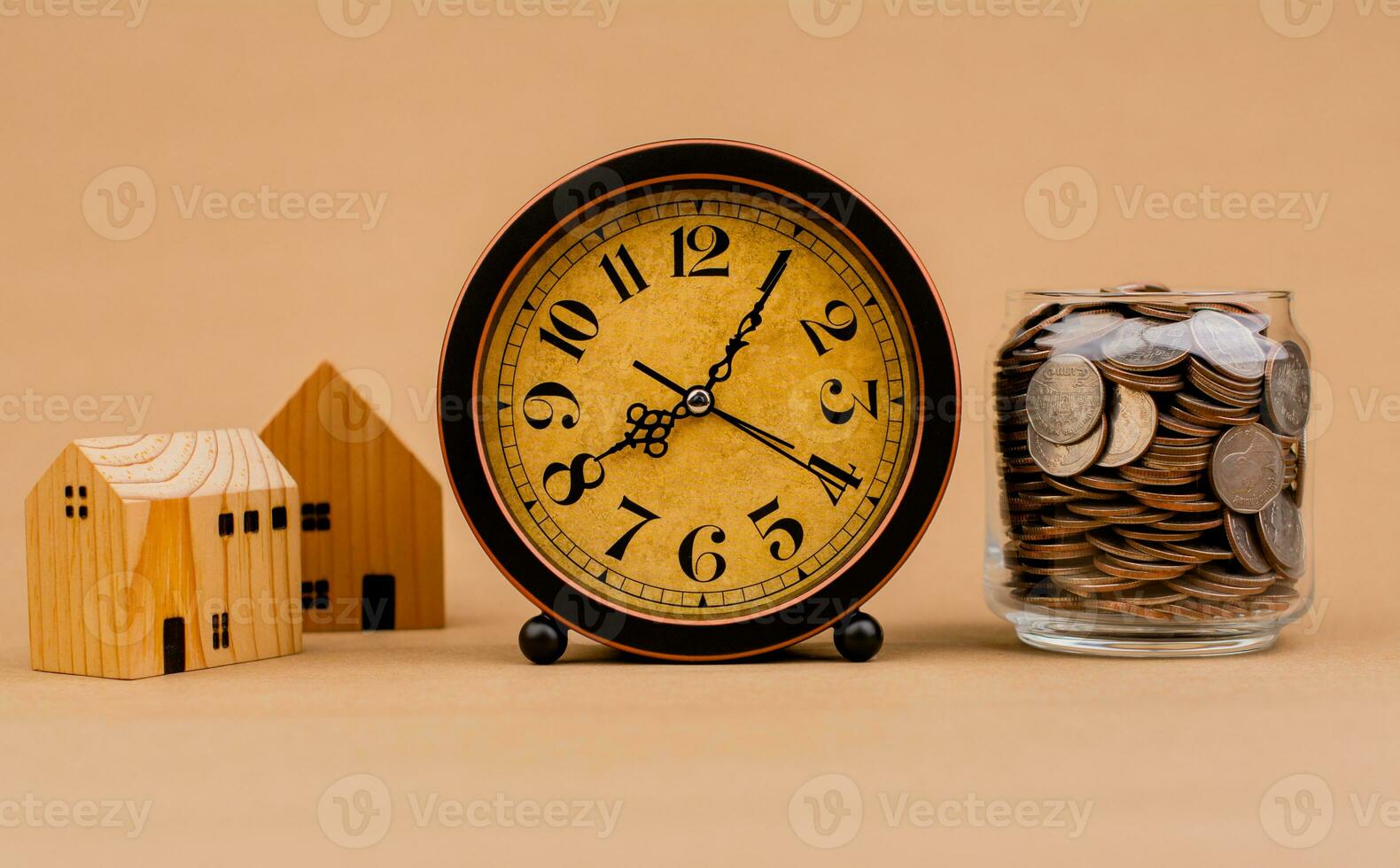 Money, house and time, financial loans, home loans, save money to build a house and buy a house. Savings, investments, coin banks, wages, salaries, cash flow, capital contributions, support funds. photo