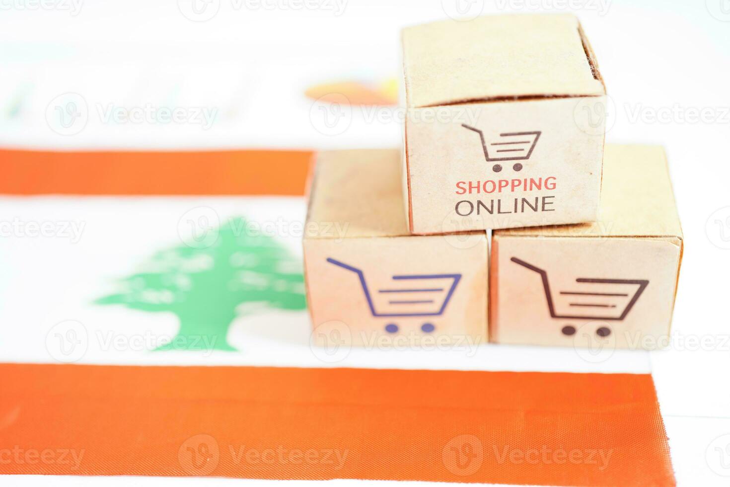 Online shopping, Shopping cart box on Lebanon flag, import export, finance commerce. photo