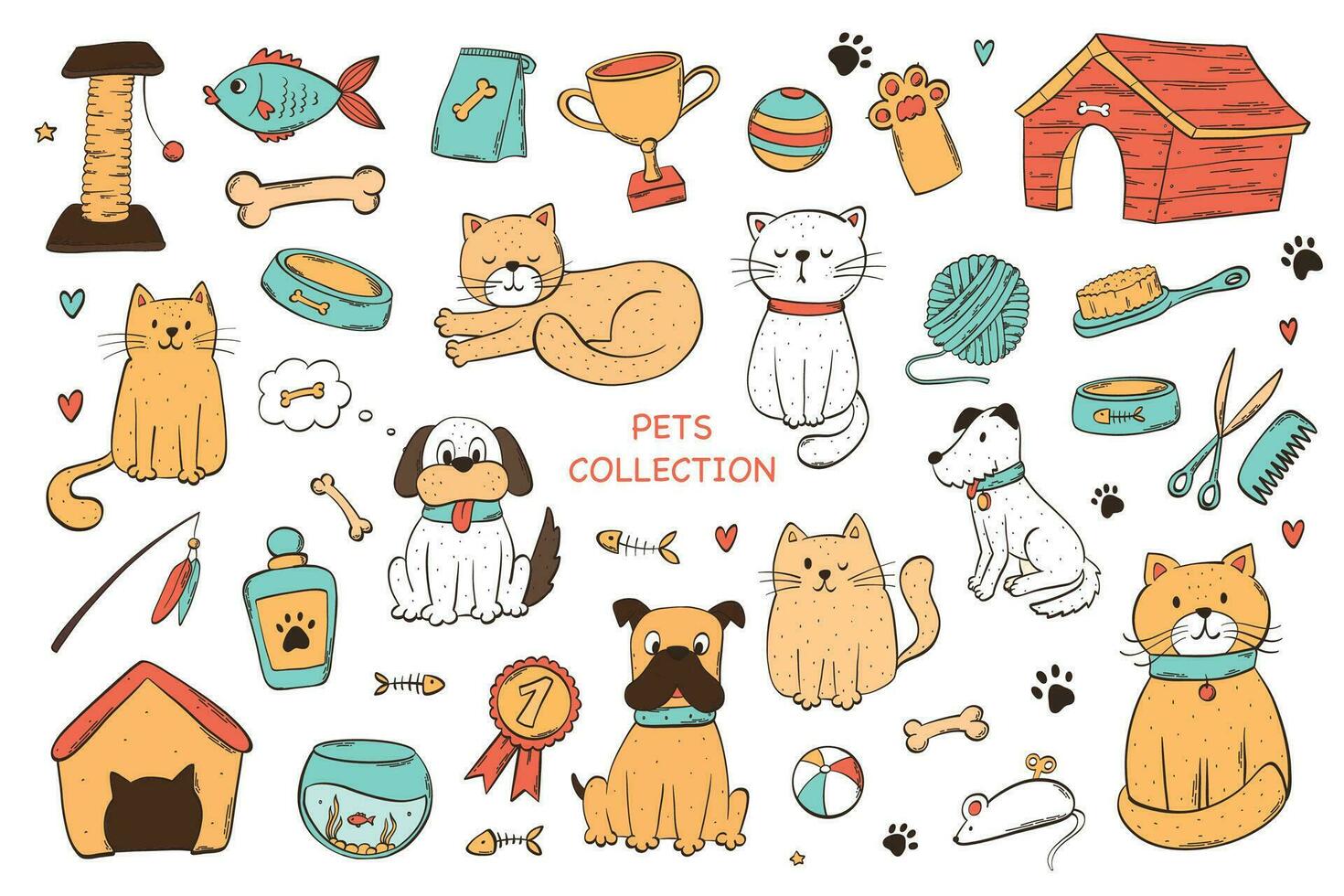 Set of pets, pet shop doodles, cartoon elements and clip art for stickers, prints, icons, signs, banners, cards, product decor, etc. EPS 10 vector
